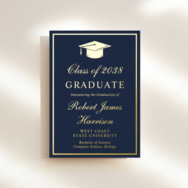 Invitación Con Relieve Metalizado Elegante Foto Blue Graduation Party Gold (An elegant college graduation party gold foil invitation to celebrate the graduate's achievements)