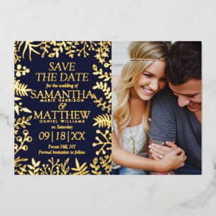 Invitación Con Relieve Metalizado Elegante Foto Boda Floral Guardar La Fecha Real