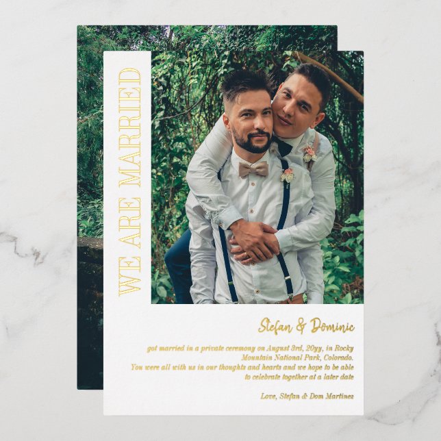 Invitación Con Relieve Metalizado Elegante foto ceremonia privada de boda (Anverso/Reverso)