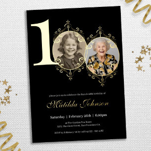 Invitación Con Relieve Metalizado Elegante foto cumpleaños 100 negro blanco