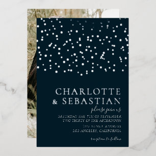 Invitación Con Relieve Metalizado Elegante Foto de Boda Azul Profundo Personalizada