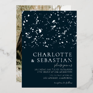 Invitación Con Relieve Metalizado Elegante Foto de Boda Azul Profundo Personalizada