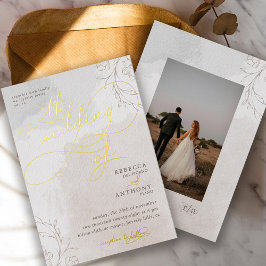 Invitación Con Relieve Metalizado Elegante foto de boda con letra botánica de fantas
