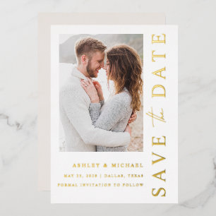 Invitación Con Relieve Metalizado Elegante Foto de Boda Moderna Guardar la Fecha Dor