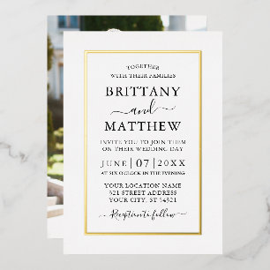 Invitación Con Relieve Metalizado Elegante Foto de Boda Moderno de Oro Blanco