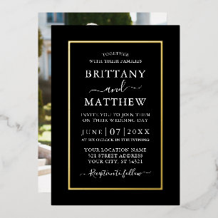 Invitación Con Relieve Metalizado Elegante Foto de Boda Moderno Dorado Negro