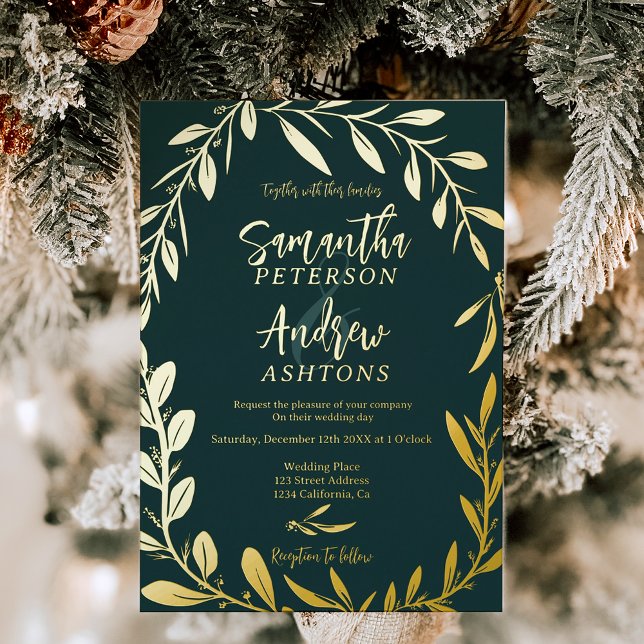 Invitación Con Relieve Metalizado Elegante foto de boda verde de invierno (Elegant winter wonderland green wedding photo foil invitation)