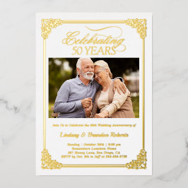 Invitación Con Relieve Metalizado Elegante Foto de Bodas de Oro de 50 Aniversario de