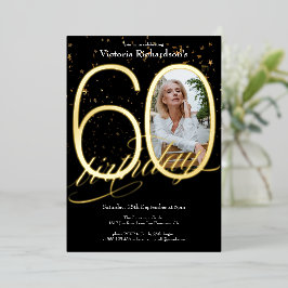 Invitación Con Relieve Metalizado Elegante foto de Confetti Oro Negro 60 cumpleaños