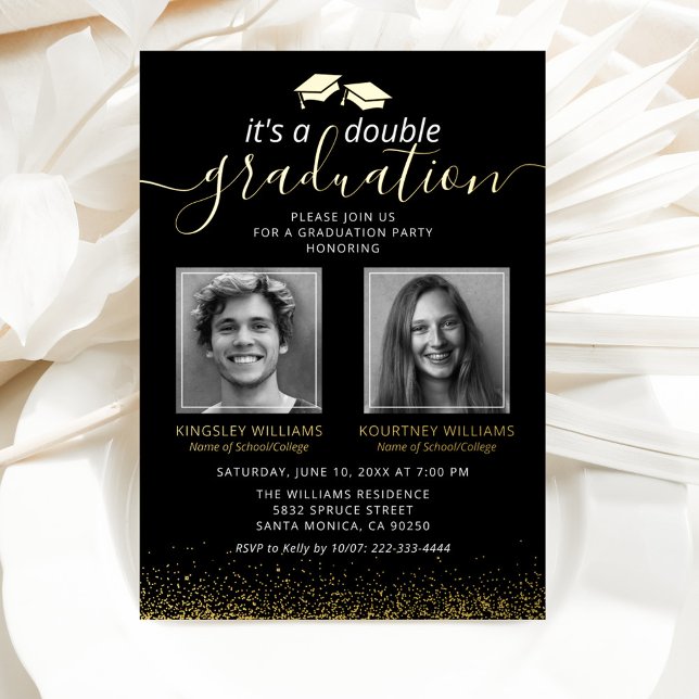 Invitación Con Relieve Metalizado Elegante foto de graduación conjunta oro negro (Subido por el creador)