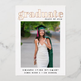 Invitación Con Relieve Metalizado Elegante Foto de Graduación Moderna en Rosa Dorado