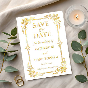 Invitación Con Relieve Metalizado Elegante Foto de Marco Floral Boda Save the Date