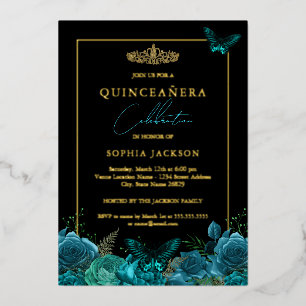 Invitación Con Relieve Metalizado Elegante Foto de Mariposa Azul Negra Quinceañera  