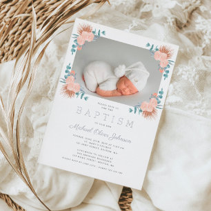 Invitación Con Relieve Metalizado Elegante Foto de Niño Floral Bautizo