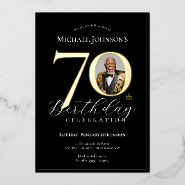 Invitación Con Relieve Metalizado Elegante foto de oro negro 70 cumpleaños