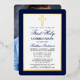 Invitación Con Relieve Metalizado Elegante Foto de Primera Comunión en Azul con Marc