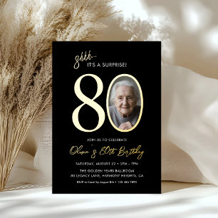 Invitación Con Relieve Metalizado Elegante Foto de Sorpresa de Cumpleaños 80 en Dora
