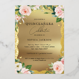 Invitación Con Relieve Metalizado Elegante foto floral rosa de encaje dorado Quincea