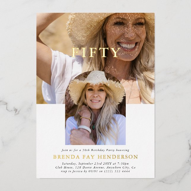 Invitación Con Relieve Metalizado Elegante foto mínima CINCUENTA cumpleaños 50 (Anverso)