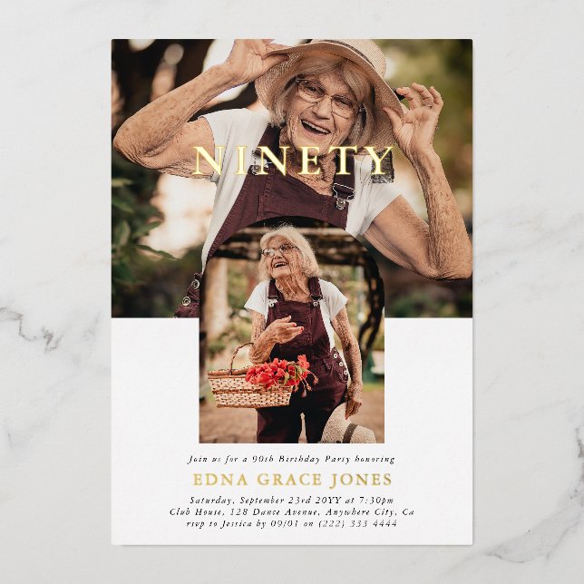 Invitación Con Relieve Metalizado Elegante foto mínima NOVENTA 90 cumpleaños (Anverso)