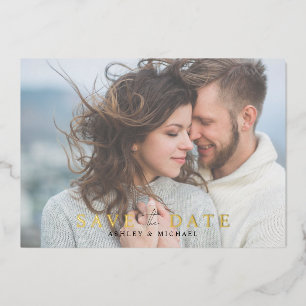 Invitación Con Relieve Metalizado Elegante Foto Minimalista Moderna Guardar La Fecha
