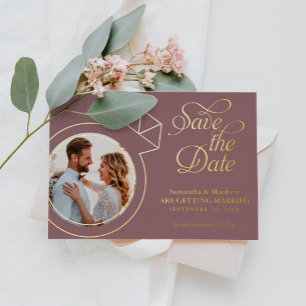 Invitación Con Relieve Metalizado Elegante Foto Morada de Boda Guardar la Fecha