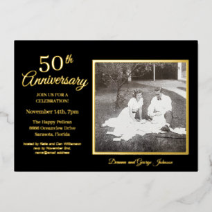 Invitación Con Relieve Metalizado Elegante foto negro 50 aniversario dorado