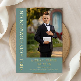Invitación Con Relieve Metalizado Elegante Foto Niño Primera Comunión