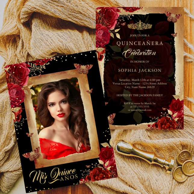 Invitación Con Relieve Metalizado Elegante foto Quinceanera Red Rose Gold Birthday (Subido por el creador)