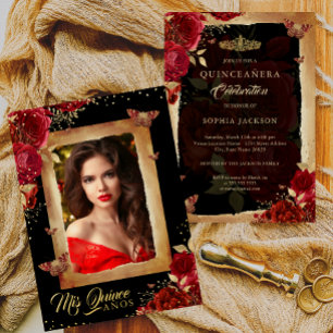 Invitación Con Relieve Metalizado Elegante Foto Quinceañera Rosa Roja Cumpleaños Dor
