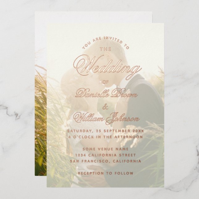 Invitación Con Relieve Metalizado Elegante Foto Transparente de Boda Caligrafía (Anverso/Reverso)