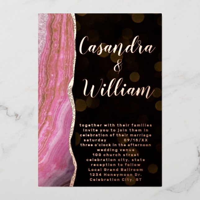 Invitación Con Relieve Metalizado Elegante galaxia Agate Geode Boda Rosa y Oro (Anverso)