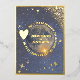 Invitación Con Relieve Metalizado elegante galaxia azul celestial boda oro 