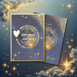 Invitación Con Relieve Metalizado elegante galaxia azul luna boda oro 