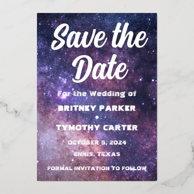 Invitación Con Relieve Metalizado Elegante Galaxia Celestial Foto Constelación QR (Anverso)