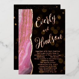 Invitación Con Relieve Metalizado Elegante Galaxy Agate Geode Boda Rosa y Oro para