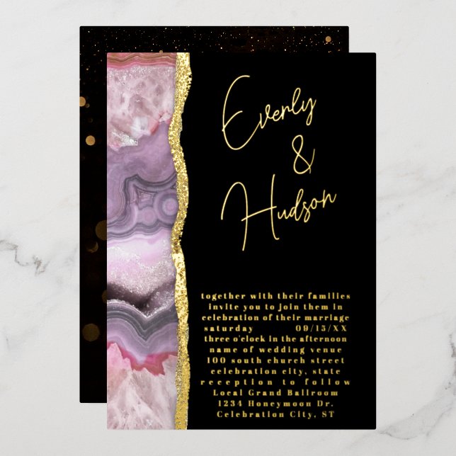 Invitación Con Relieve Metalizado Elegante Galaxy Geode Pink & Gold Boda (Anverso/Reverso)