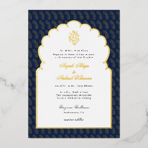 Invitación Con Relieve Metalizado Elegante Ganesh boda india Azul oscuro y dorado