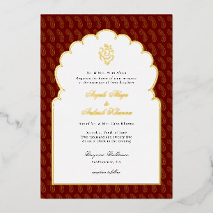 Invitación Con Relieve Metalizado Elegante Ganesh boda india Rojo y Dorado I