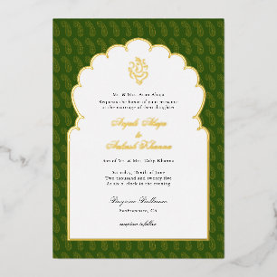 Invitación Con Relieve Metalizado Elegante Ganesh boda india Verde oscuro y dorado