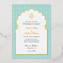 Invitación Con Relieve Metalizado Elegante Ganesh boda indio Aqua y oro
