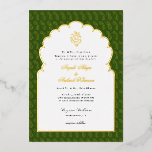 Invitación Con Relieve Metalizado Elegante Ganesh boda indio Verde oscuro y oro