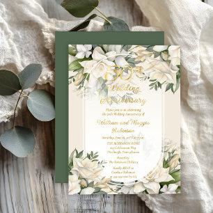 Invitación Con Relieve Metalizado Elegante Gardenia Floral 50 Aniversario de Boda