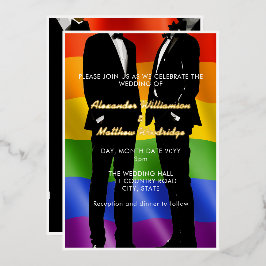 Invitación Con Relieve Metalizado Elegante Gay Hombres Gay Moderno Boda Oro Arcoiris