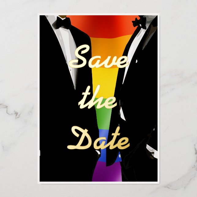 Invitación Con Relieve Metalizado Elegante Gay Hombres Gay Moderno Boda Oro Arcoiris (Anverso)