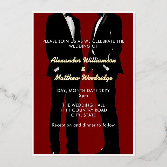 Invitación Con Relieve Metalizado Elegante Gay Masculino Moderno Boda Oro (Anverso)