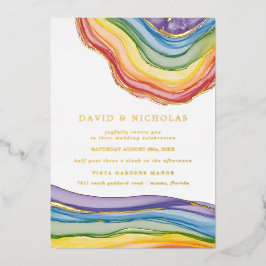 Invitación Con Relieve Metalizado Elegante Geode Arcoiris | Boda Real Gold