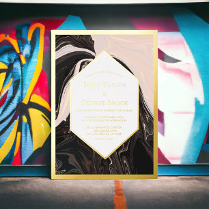 Invitación Con Relieve Metalizado Elegante Geométrico Mínimo Boda Blanco Negro Oro
