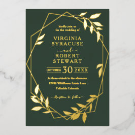 Invitación Con Relieve Metalizado Elegante Geométrico Moderno Real Boda Verde Oscuro