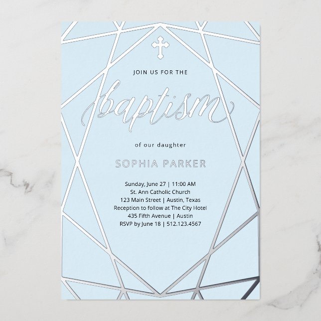 Invitación Con Relieve Metalizado Elegante geométrico plateado sobre azul claro | Ba (Anverso)